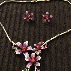 Floral Pink Purple Metal and Enameled Necklace Set Flowers